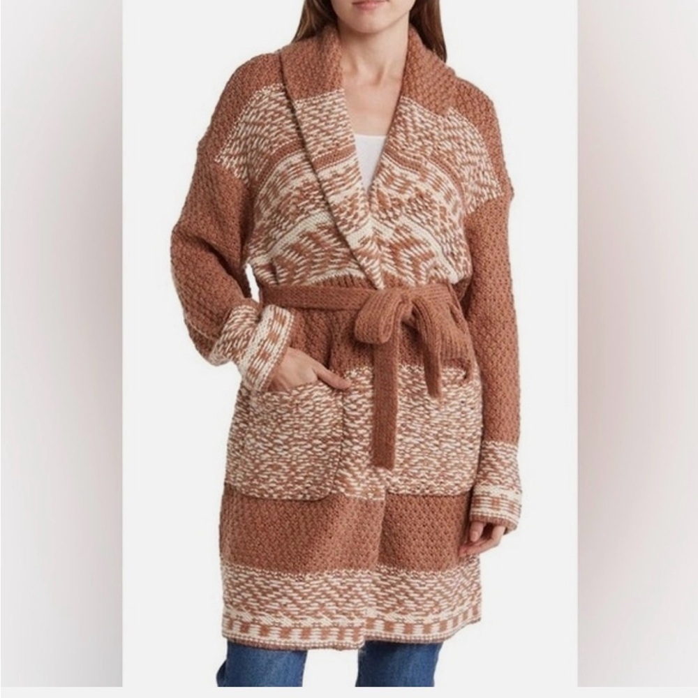 Lucky Brand Fairsle Sweater Coatigan Caramel Cafe Women's Medium Wool‎ Blend